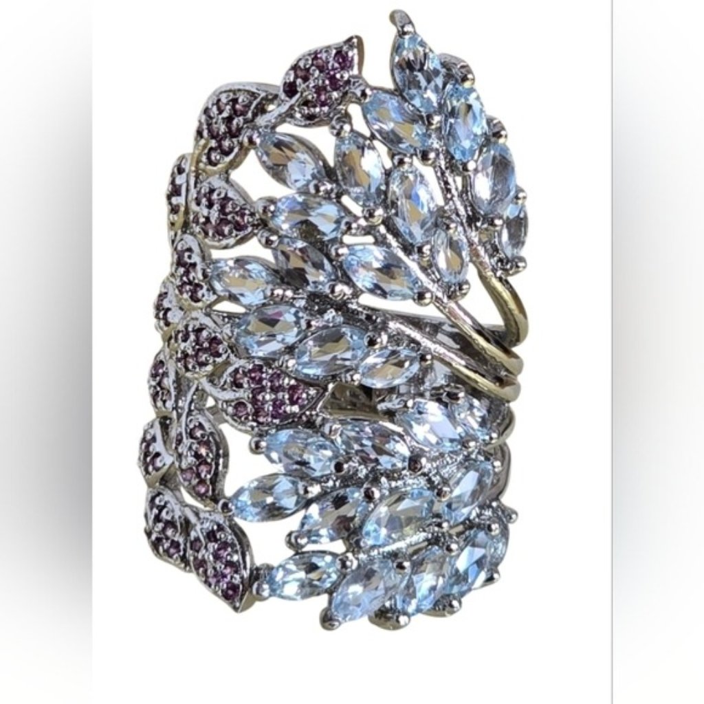 925 Sterling Silver Ring Sz 7.5 With Natural Aquamarine & Rhodolite Garnet Gems